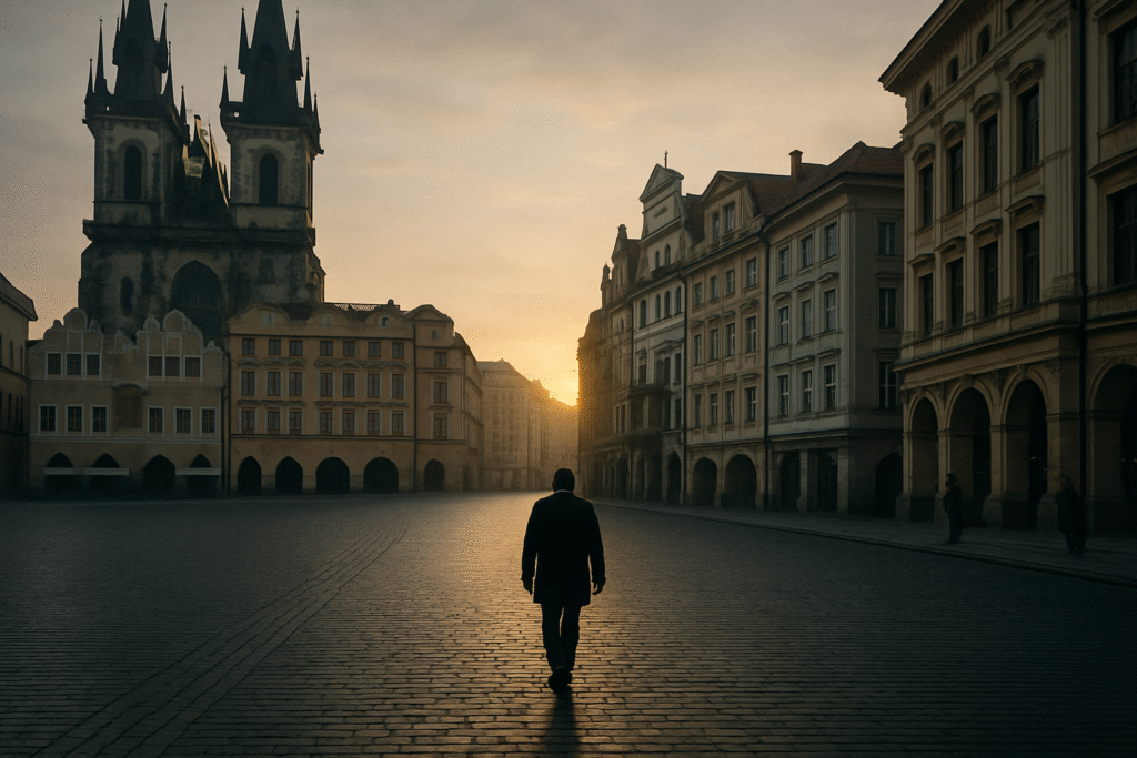 A single figure walks alone across an empty European plaza at sunrise, surrounded by classical buildings.