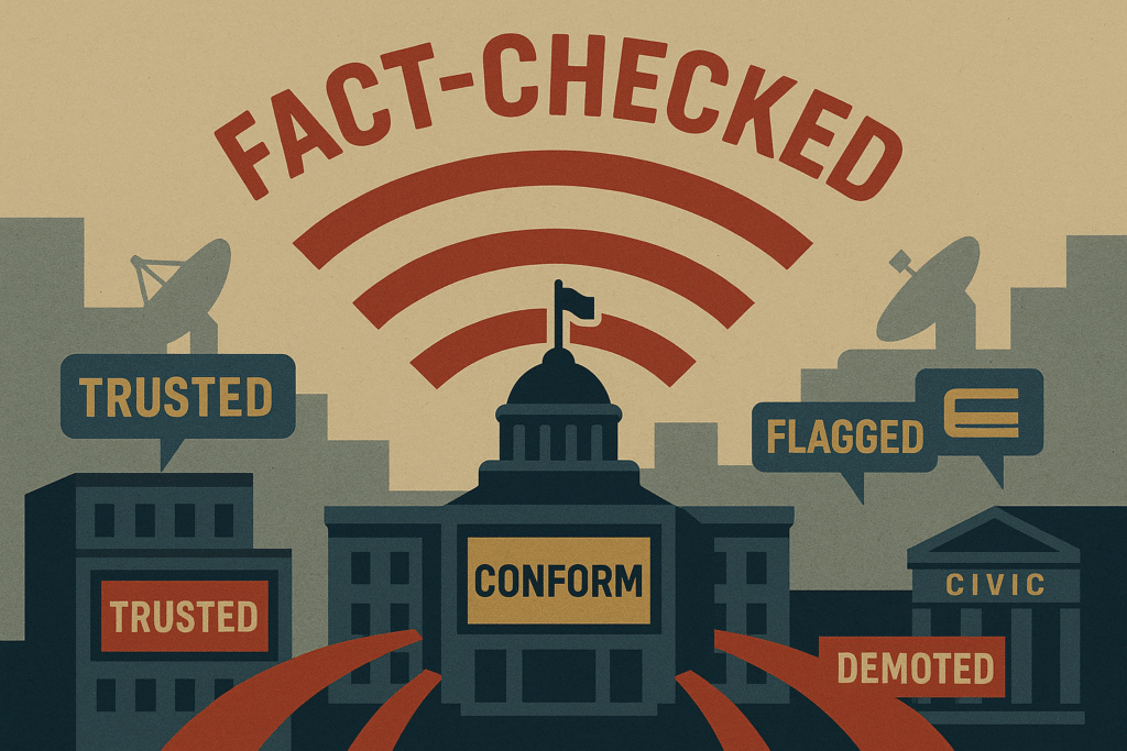 Government building emits “FACT-CHECKED” signals to smaller media outlets and civic institutions.