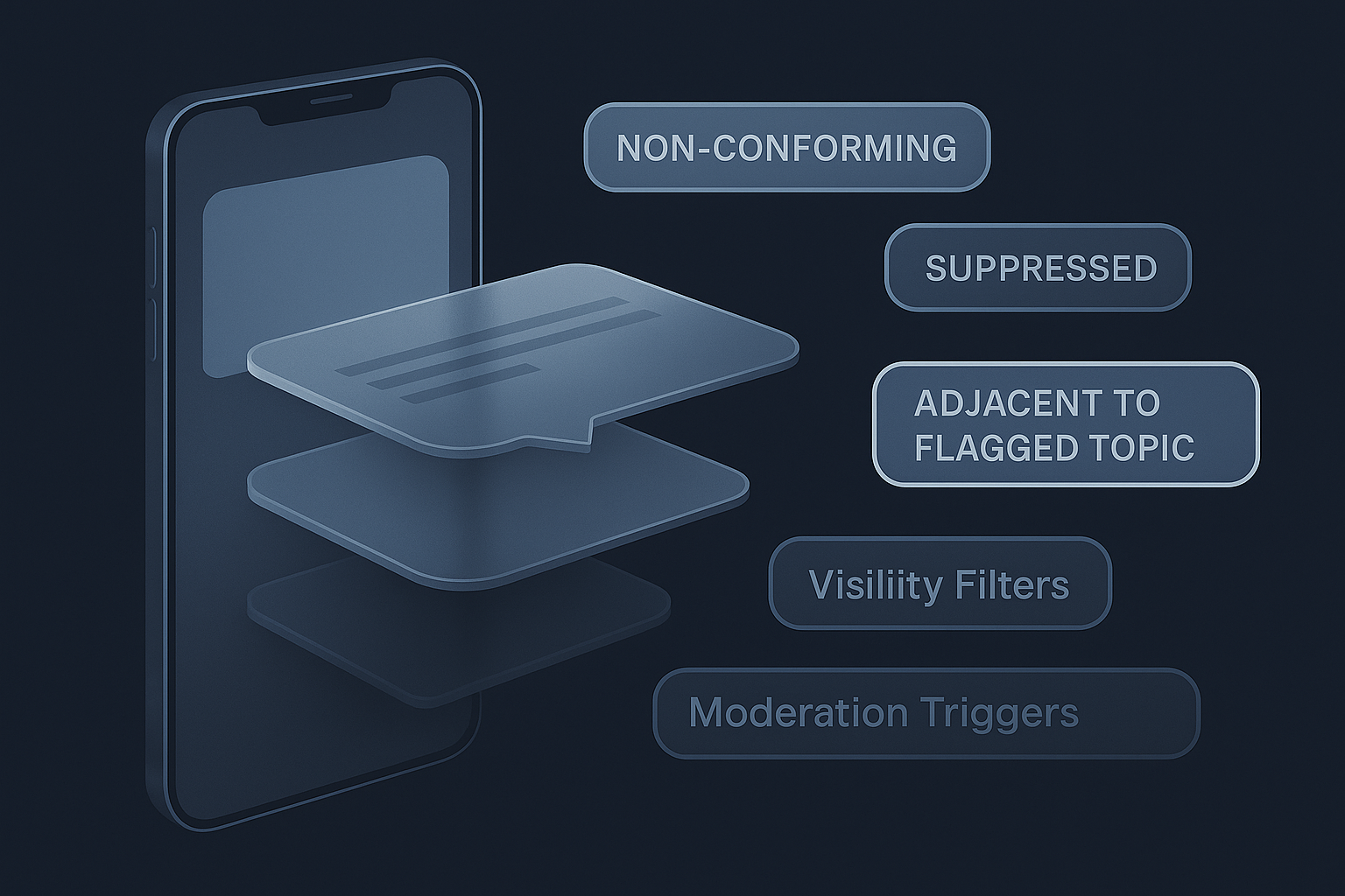 Smartphone UI cross-section exposing content filtering mechanisms. The Disinformation Industry.