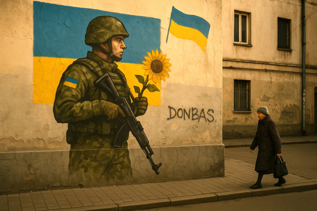 A street mural in Kyiv shows a soldier holding a sunflower in front of the Ukrainian flag. Across the sidewalk, a woman walks past graffiti that reads “Donbas.”