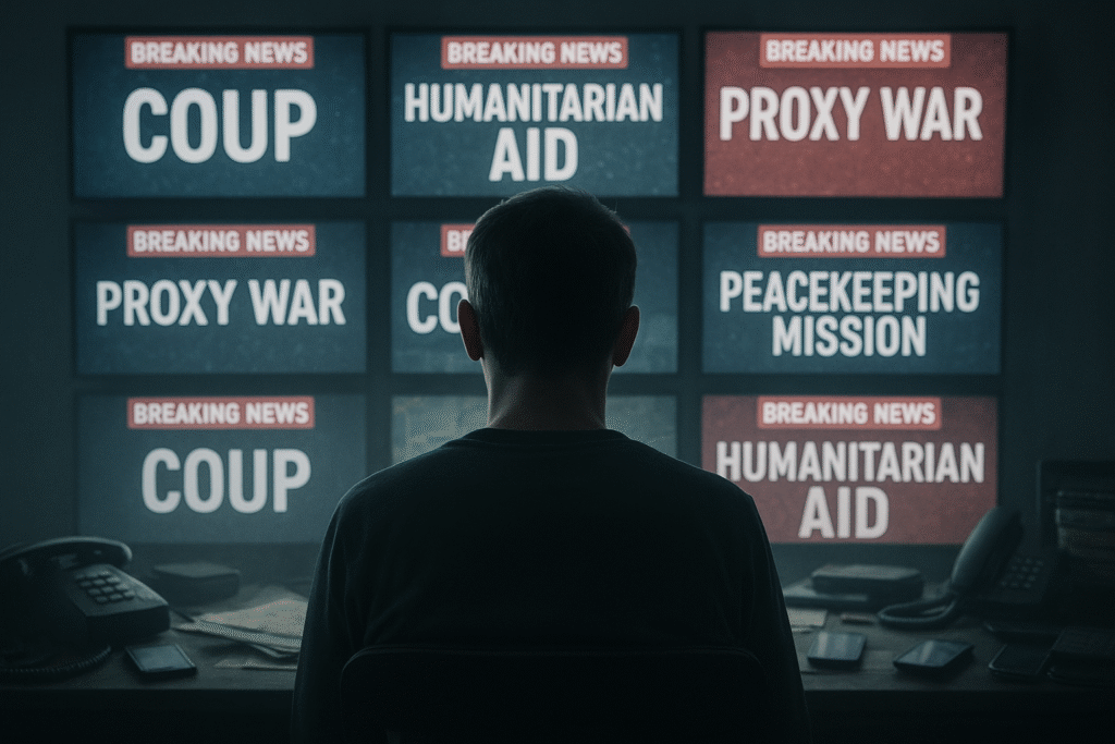 A man sits overwhelmed before a wall of contradictory headlines including “Proxy War,” “Coup,” and “Humanitarian Aid.”