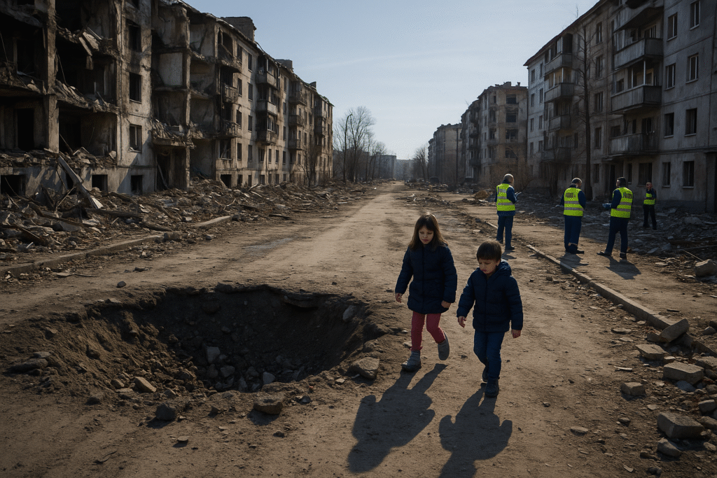 Children walk past a bomb crater in Ukraine while EU observers document damage in a bombed city block.
