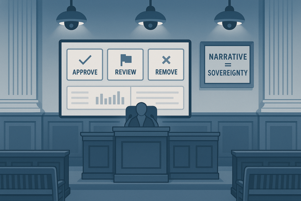 Courtroom remade as a content moderation command centre.
Title: Narrative as Sovereignty