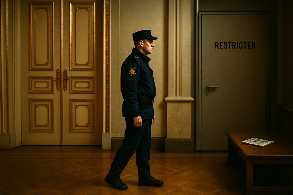 A Kremlin hallway features closed gilded doors and a guarded “RESTRICTED” archive. A discarded newspaper about NATO lies on a nearby bench.