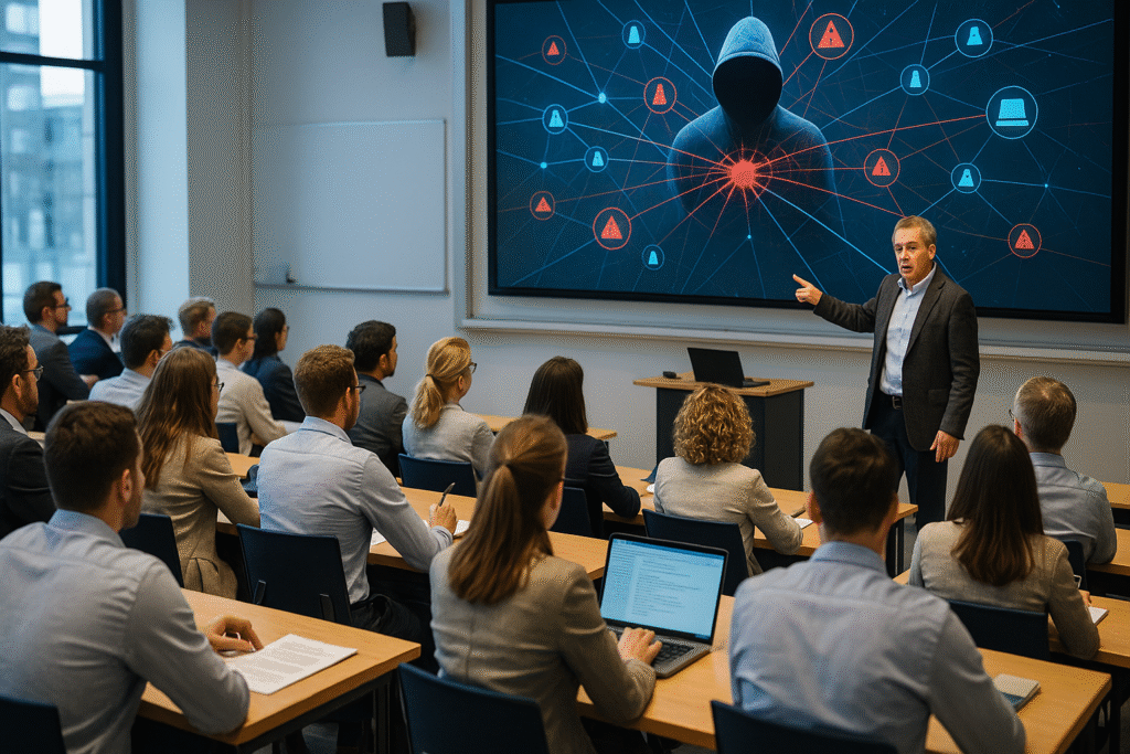 Lecture hall or forum with expert highlighting cyber threat web on a digital screen before an engaged audience.