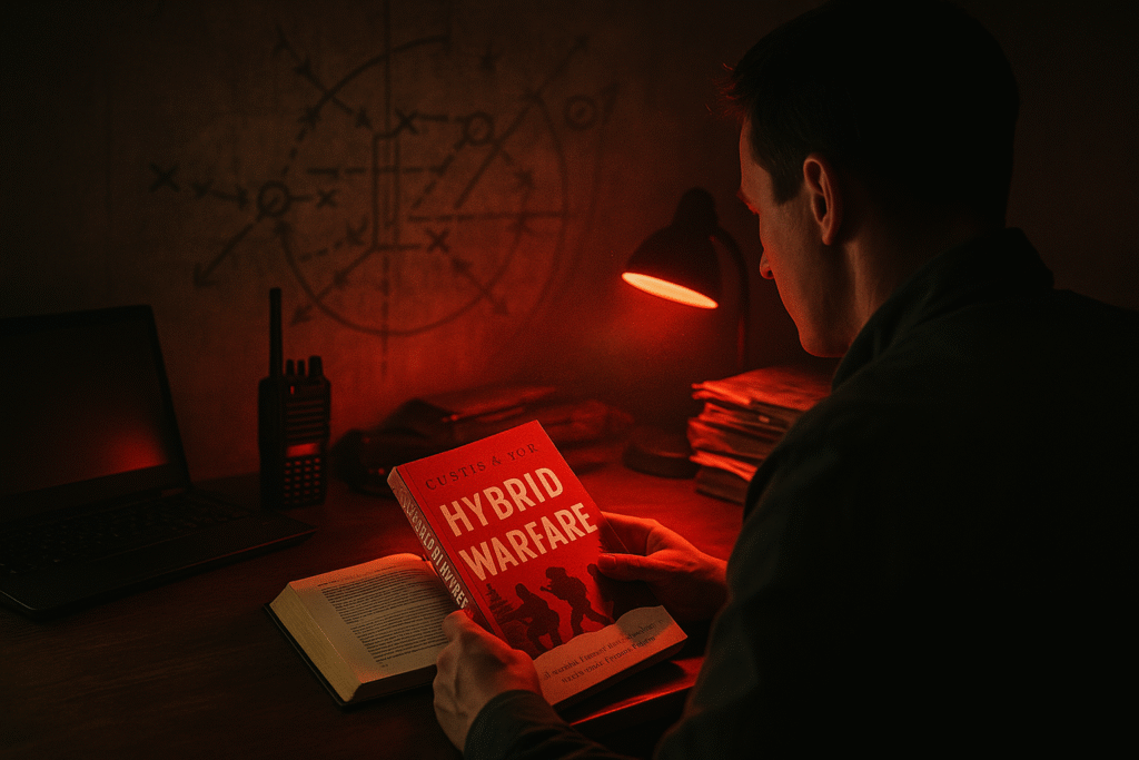 A lone analyst reads Hybrid Warfare beside a desk divided between modern tech and historical war records.