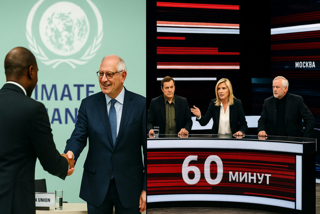 A diptych shows an EU diplomat shaking hands at a climate summit on one side, and a hostile Russian panel debate on the other.