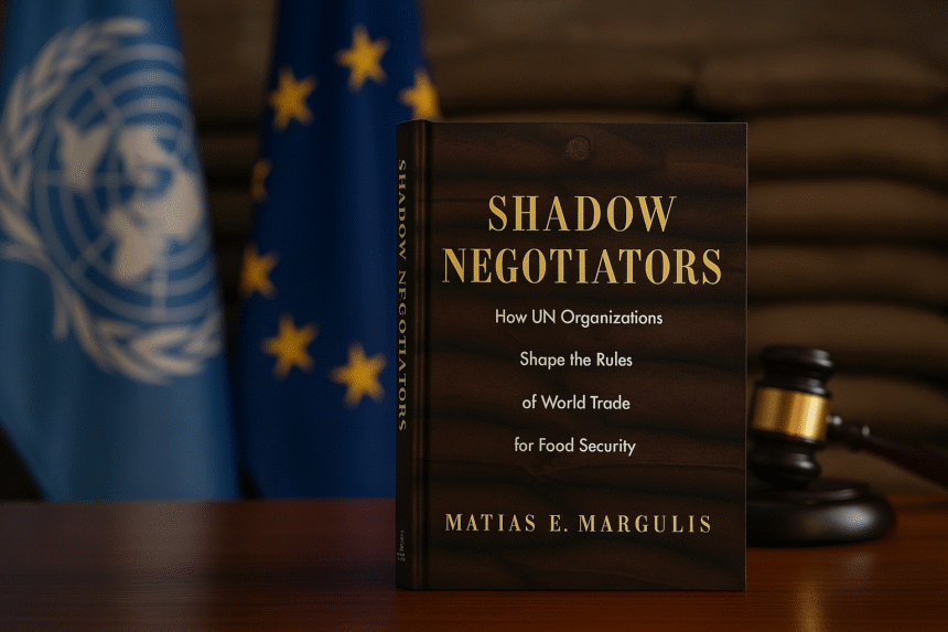 Book review image featuring Shadow Negotiators by Matias E. Margulis, with UN and EU flags and a gavel symbolizing legal intervention in global trade.