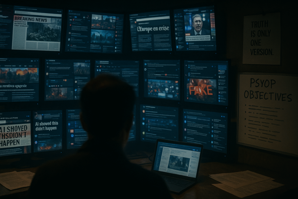 A dimly lit war room filled with news screens, social feeds, and a “Psyop Objectives” board.