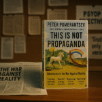 The book This Is Not Propaganda by Peter Pomerantsev displayed on a desk with contextual materials in the background.