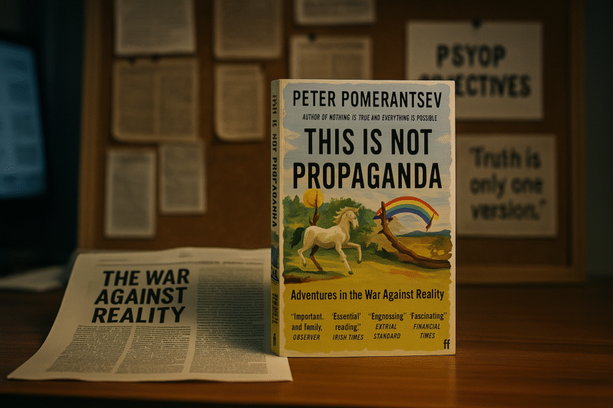 The book This Is Not Propaganda by Peter Pomerantsev displayed on a desk with contextual materials in the background.