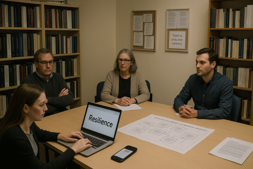 A civil society group working around a table covered in trust-building strategies and counter-disinfo manuals.