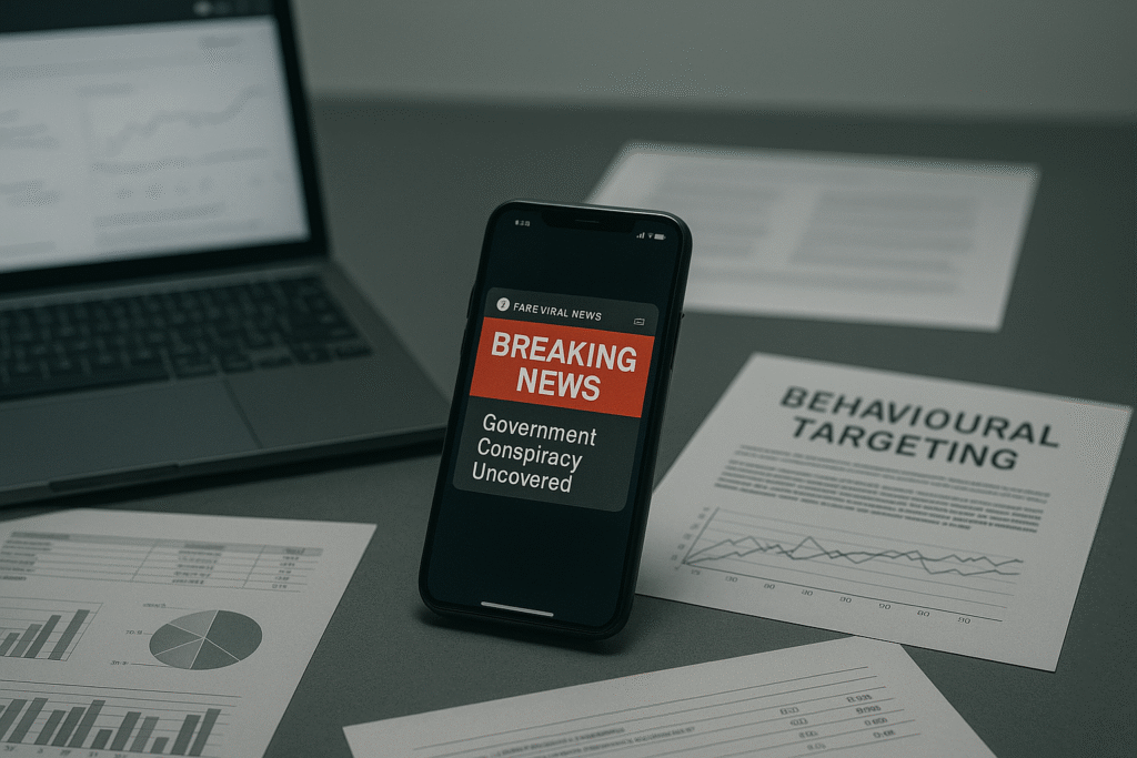 A smartphone displaying a fake viral news alert, surrounded by documents on behavioural targeting.