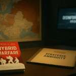 A dimly lit military desk featuring Curtis L. Fox’s Hybrid Warfare, a folder labeled “Strategic Ambiguity,” and a disinformation monitor glowing in the background.