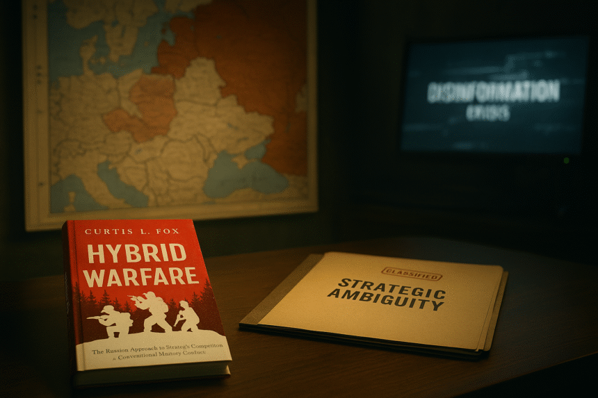 A dimly lit military desk featuring Curtis L. Fox’s Hybrid Warfare, a folder labeled “Strategic Ambiguity,” and a disinformation monitor glowing in the background.