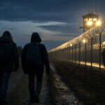 Migrants walking at dusk near a NATO border fence under guard surveillance