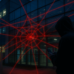 European data centre at dusk, digital red spiderweb overlay symbolising cyber intrusion.