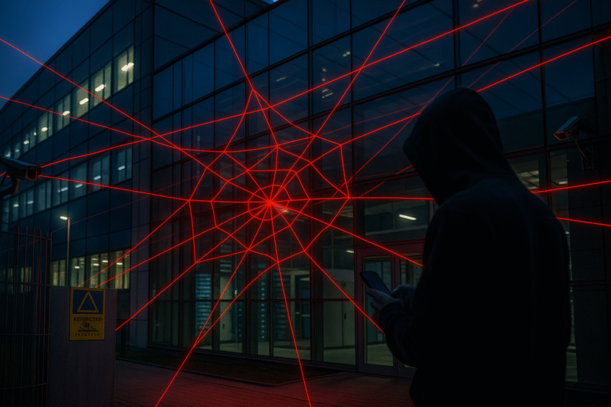 European data centre at dusk, digital red spiderweb overlay symbolising cyber intrusion.