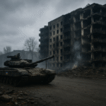 A battle-worn Ukrainian tank sits idle in front of a destroyed residential block in a grey, war-scarred city under an overcast sky.