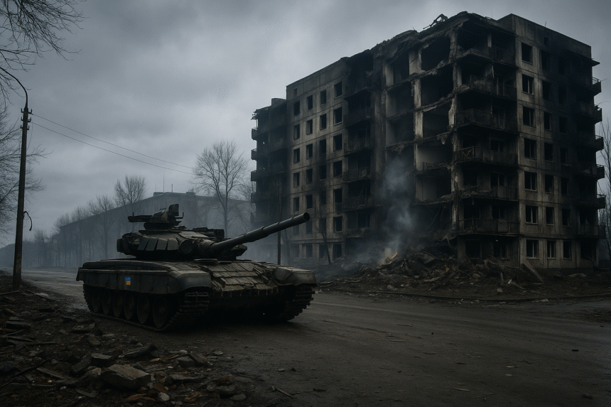 A battle-worn Ukrainian tank sits idle in front of a destroyed residential block in a grey, war-scarred city under an overcast sky.