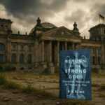 Photorealistic image of a graffiti-covered European parliamentary building with a copy of Return of the Strong Gods in the foreground