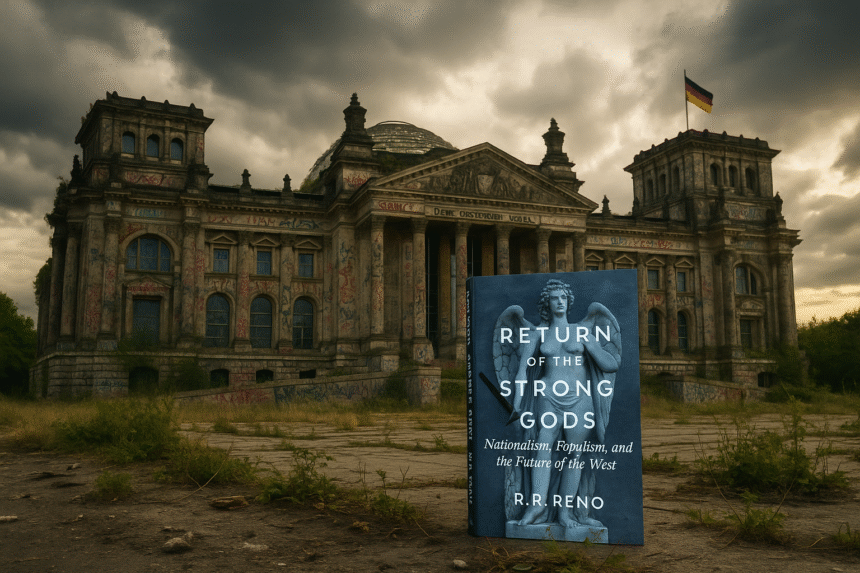 Photorealistic image of a graffiti-covered European parliamentary building with a copy of Return of the Strong Gods in the foreground