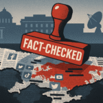 Graphic of a red FACT-CHECKED stamp hitting a fragmented world map made of news clippings and platform icons.