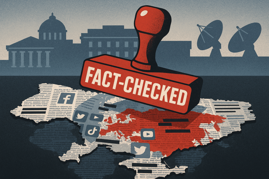 Graphic of a red FACT-CHECKED stamp hitting a fragmented world map made of news clippings and platform icons.