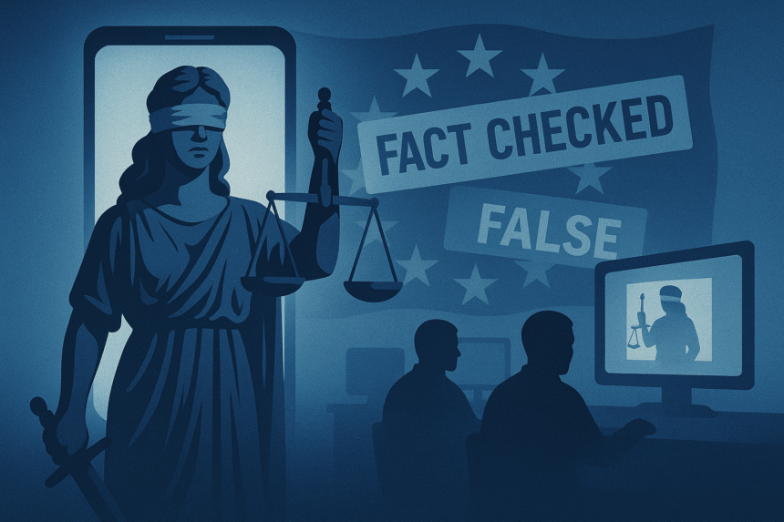 Editorial graphic of Western democracy and digital censorship merging into a single narrative system.
