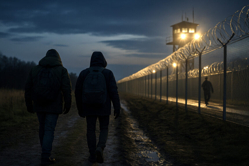 Migrants walking at dusk near a NATO border fence under guard surveillance