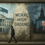 A mural shows NATO and Russia divided by the phrase “MORAL HIGH GROUND,” with a lone civilian walking past. NATO’s side displays flags and an institutional building; Russia’s side shows a dark Kremlin tower and a hostile propaganda screen.