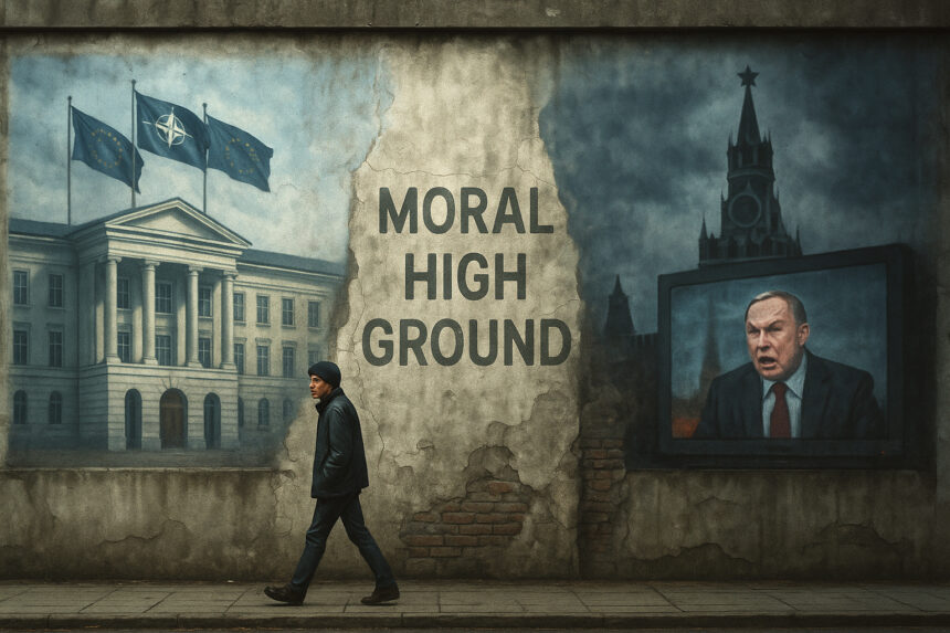 A mural shows NATO and Russia divided by the phrase “MORAL HIGH GROUND,” with a lone civilian walking past. NATO’s side displays flags and an institutional building; Russia’s side shows a dark Kremlin tower and a hostile propaganda screen.