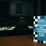 A solitary man seated at a large wooden desk in a dark European parliament chamber, with Fukuyama’s book cover prominently displayed in the foreground.