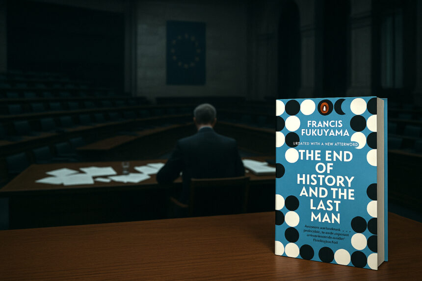 A solitary man seated at a large wooden desk in a dark European parliament chamber, with Fukuyama’s book cover prominently displayed in the foreground.