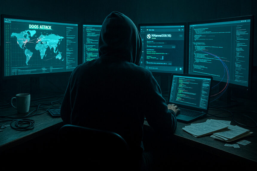 A wide-angle, photorealistic, landscape image of a dimly lit hacker workspace at night. Multiple high-end monitors display DDoS attacks on European targets, Telegram group chats, and scrolling code. A figure in a hoodie is visible from behind, desk cluttered with forensic tools, a cold mug, and notepads filled with network addresses. Blue-green screen light glows across the room. Subtle NoName057(16) logo appears on one monitor.