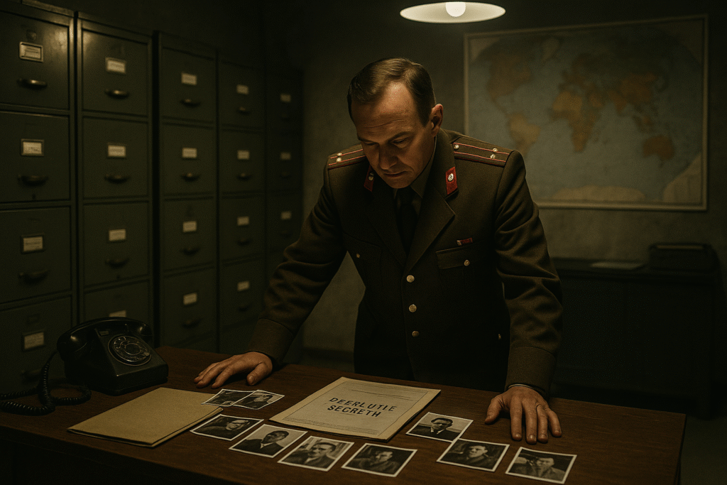 Interior of a Soviet Bloc intelligence office with archival documents and Cold War surveillance materials