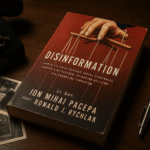 The book Disinformation by Ion Mihai Pacepa and Ronald J. Rychlak resting on an analyst’s desk beside Cold War-era surveillance items