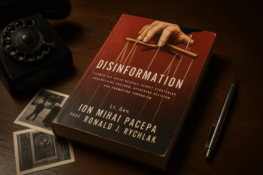 The book Disinformation by Ion Mihai Pacepa and Ronald J. Rychlak resting on an analyst’s desk beside Cold War-era surveillance items