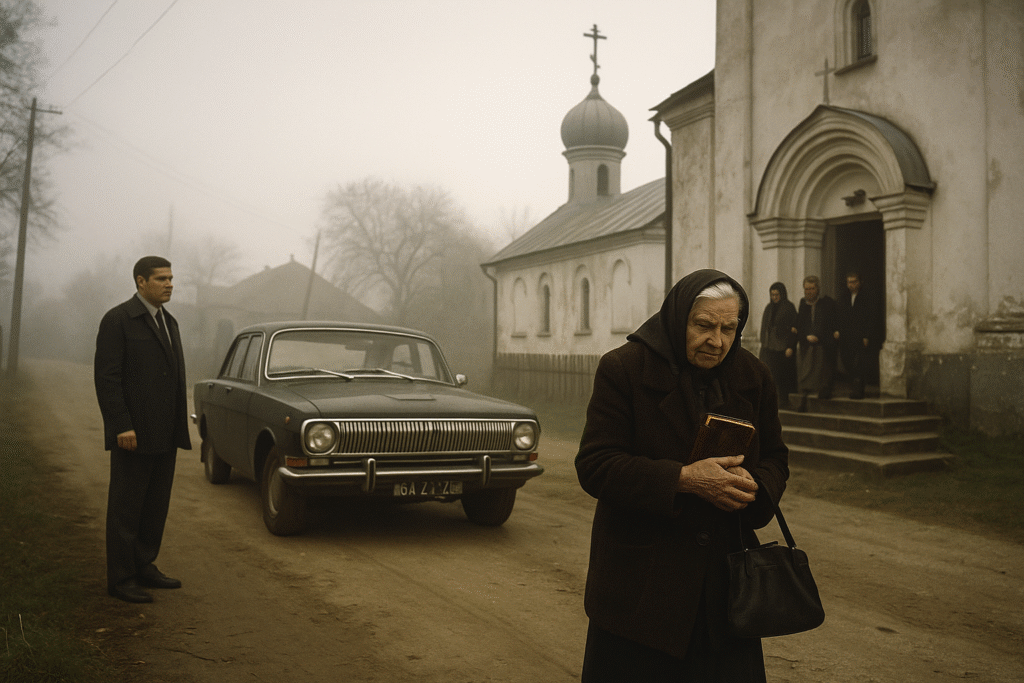 Soviet operative observing Orthodox churchgoers in Moldova under state surveillance. disinformation. 