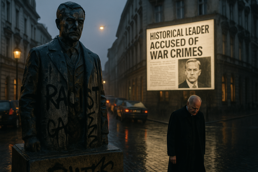 A vandalised statue and war crimes billboard in a rainy European city with a passing priest