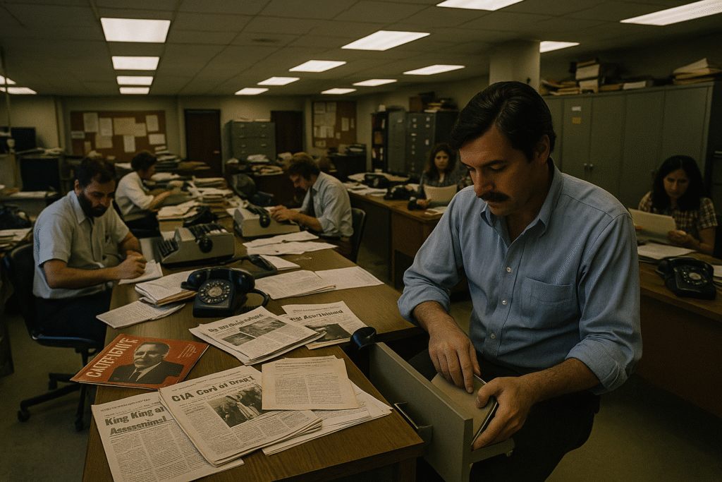 1980s American newsroom desk hiding Soviet material beneath anti-CIA and civil rights headlines. disinformation. 