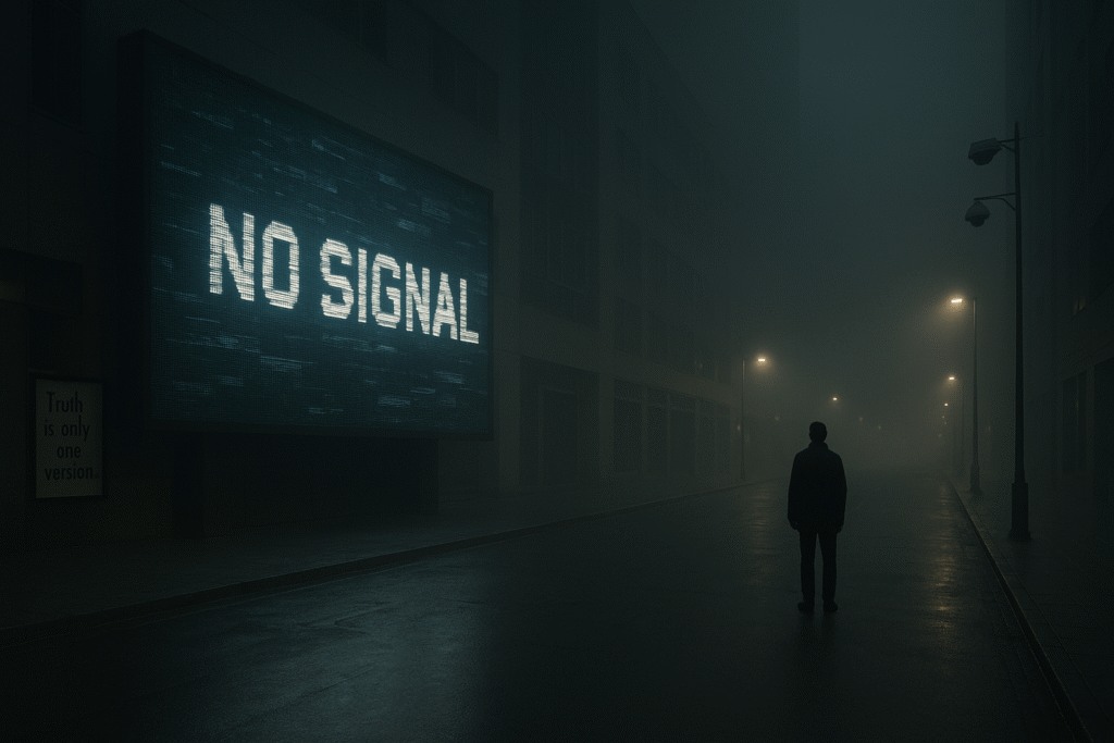 A foggy urban street with a “NO SIGNAL” screen and a lone pedestrian under surveillance infrastructure.
