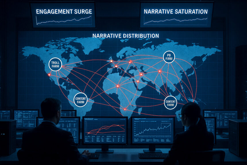 Intelligence analysts monitor global narrative distribution patterns on digital command center screens.