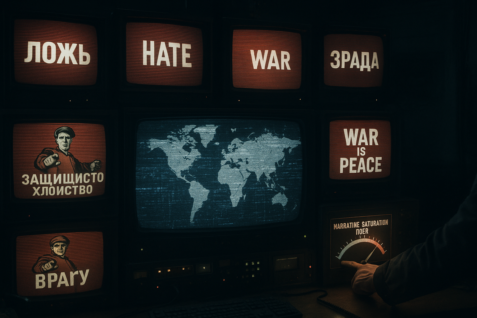 Intelligence operations room showing fragmented propaganda screens and a digital dashboard.