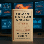 Book cover of The Age of Surveillance Capitalism by Shoshana Zuboff placed in front of multiple surveillance data screens