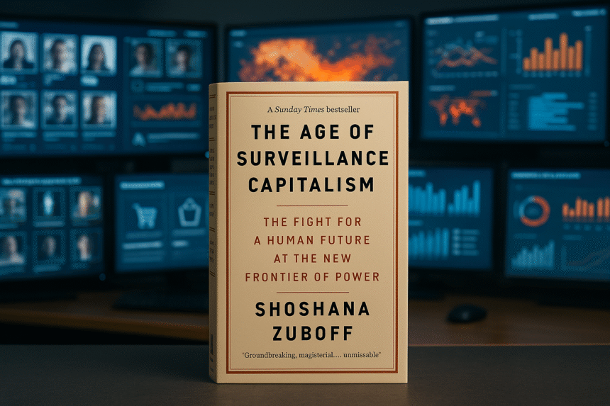 Book cover of The Age of Surveillance Capitalism by Shoshana Zuboff placed in front of multiple surveillance data screens