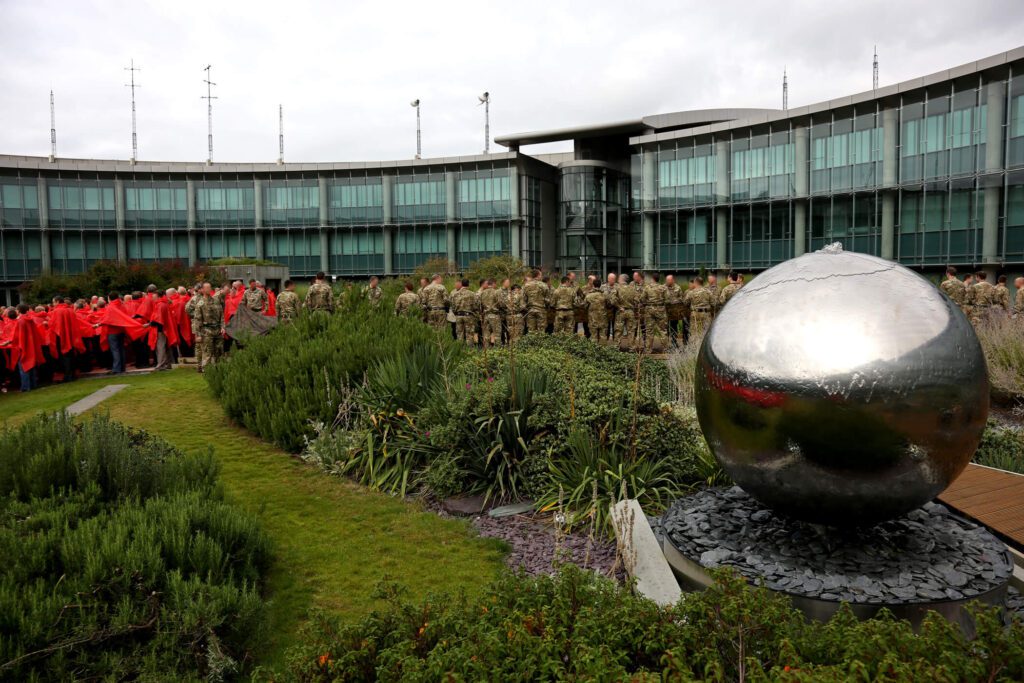 A photograph taken inside the GCHQ building's centre garden. 