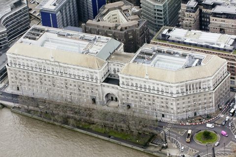 A view of Thames House next to the River Thames.