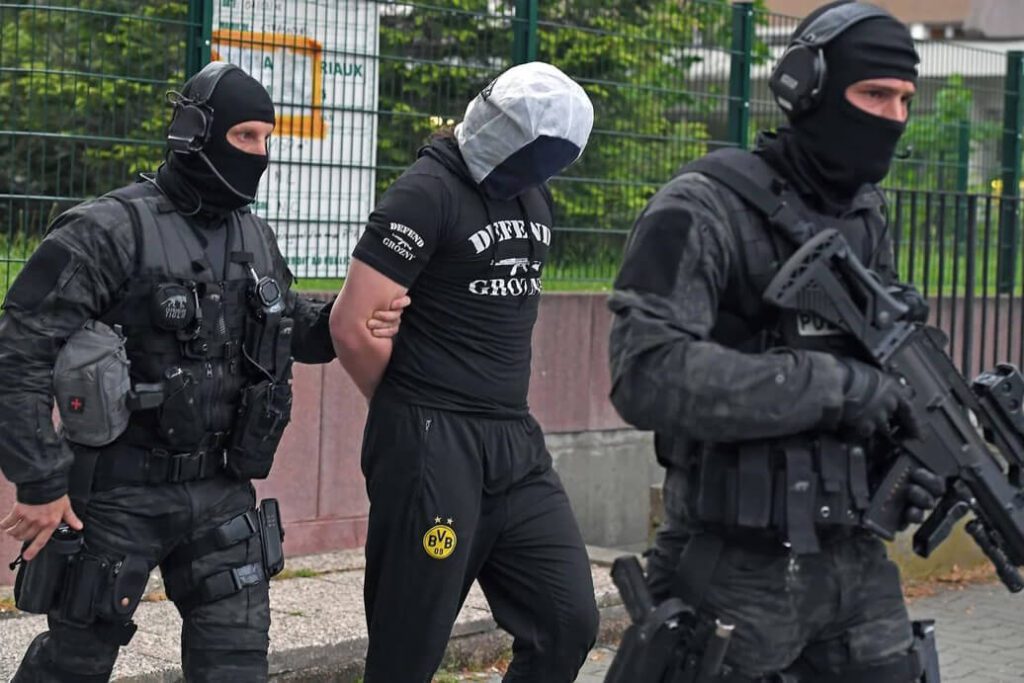 Officers of the General Directorate for Internal Security (DGSI, French counter intelligence service) Operational Support Group arresting a suspected accomplice of Chechen djihadist Khamzat Azimov, killed the day before after a terrorist attack in Paris. Strasbourg, May 2018